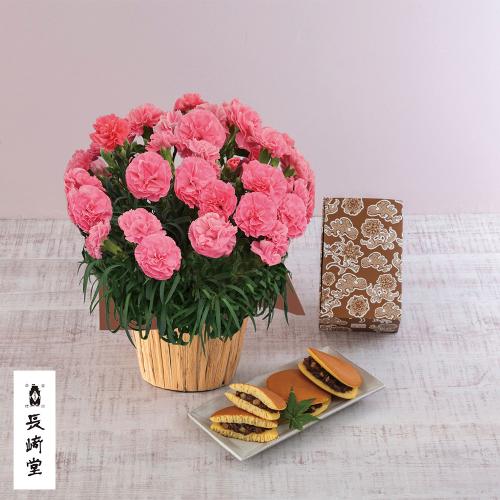 【母の日】生花　カーネーションピンク＆＜長崎堂＞栗入りみかさ