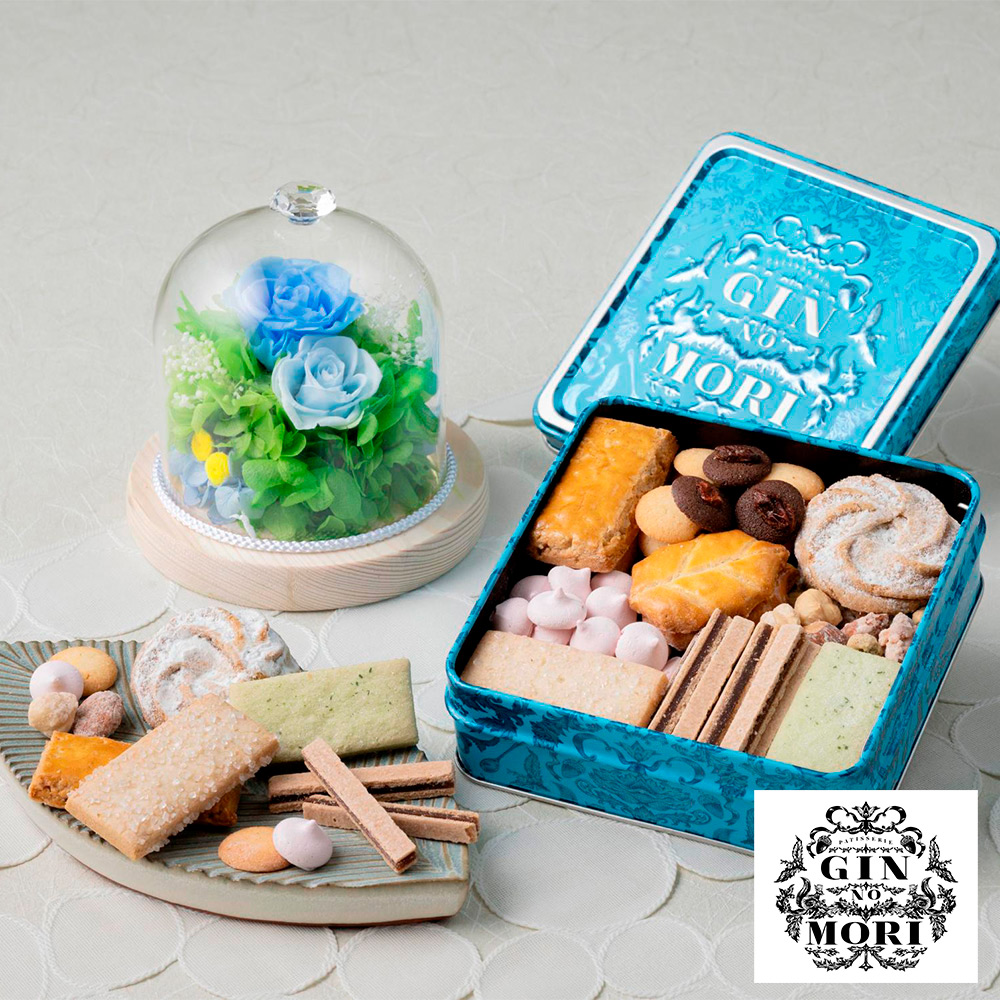 【母の日】ジュエルガラスドームプリザーブドブルー＆＜パティスリーGIN NO MORI＞プティボワ120サイズ