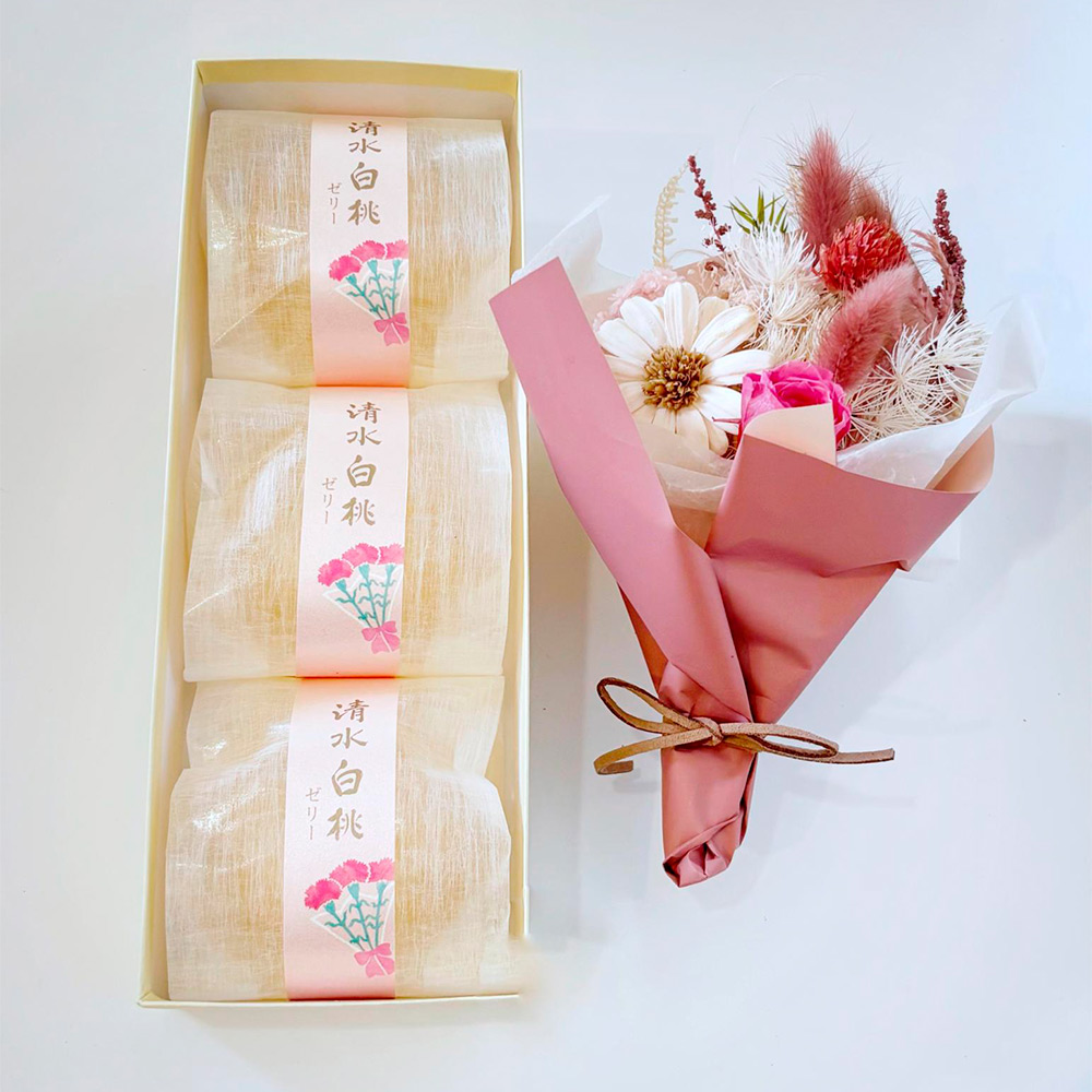 【母の日】＜クランツ＞オリジナルプリザーブドフラワースワッグ＆清水白桃ゼリーセット