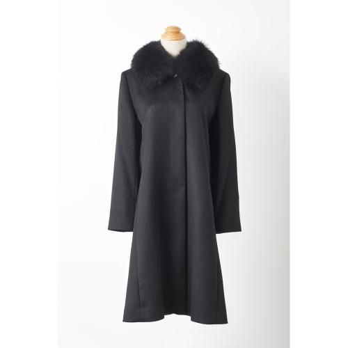 ブルーフォックス襟付き　カシミヤ100％コート・比翼仕立て（着丈：98cm）7号→13号