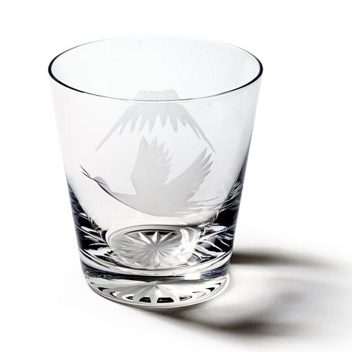 江戸切子 富士山に鶴 オールドグラス 透き