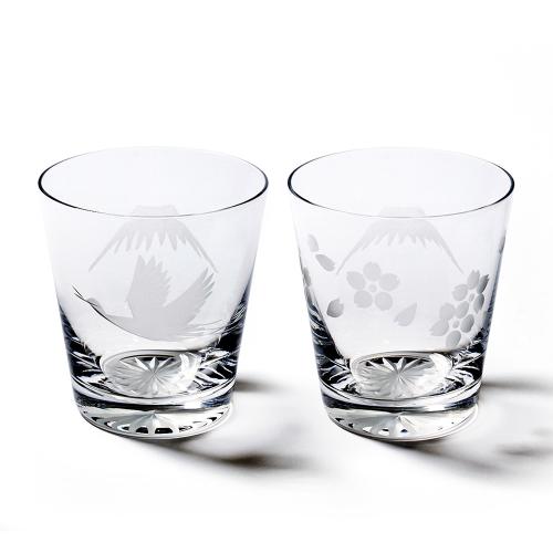 江戸切子 富士山に鶴・桜 オールドグラスペア 透き