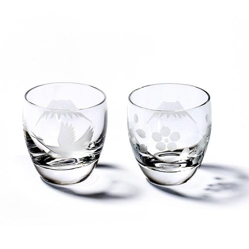 江戸切子 富士山に鶴・桜 冷酒グラスペア 透き