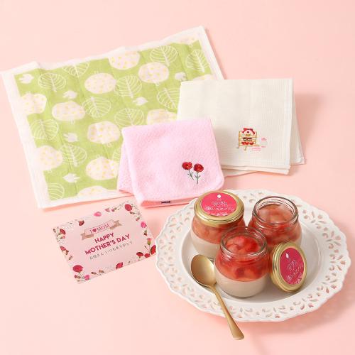 【母の日】完熟生いちごプリン＆今治タオルハンカチ・かや生地ふきん