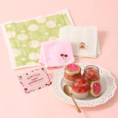 【母の日】完熟生いちごプリン＆今治タオルハンカチ・かや生地ふきん
