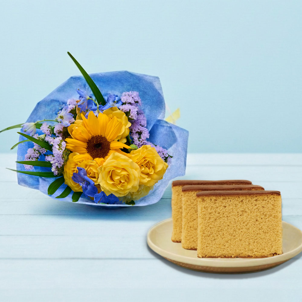 【父の日】父の日の生花花束とカステラ