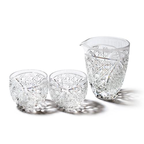 江戸切子 菊繋ぎに籠目紋 酒器三点揃（透き）