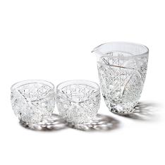 江戸切子 菊繋ぎに籠目紋 酒器三点揃（透き）