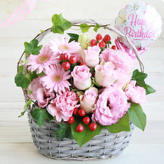 生花アレンジ Happy BirthdayピンクM