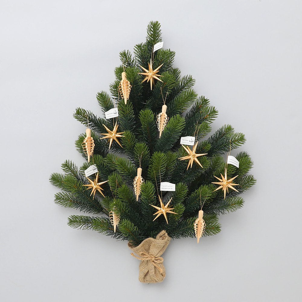壁掛式クリスマスツリー金の星と削り木のオーナメント付きセット