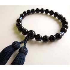 男性用念珠 黒オニキス四分玉（12mm）片手鉄紺二五房 二天アクアクォーツ入