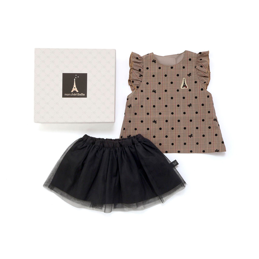 フロッキープリントチュニックスタイ＆チュールスカートセット