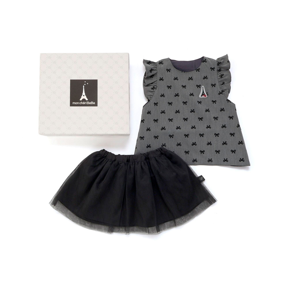 フロッキープリントチュニックスタイ＆チュールスカートセット