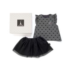 フロッキープリントチュニックスタイ＆チュールスカートセット