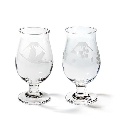 江戸切子 富士山に鶴・桜 ビアグラスペア