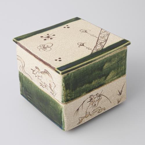 <赤津焼 弄月窯>梅村知弘 鳥獣戯画 織部角重箱