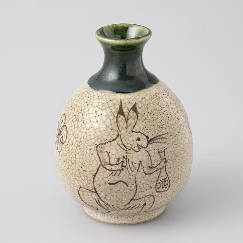 <赤津焼 弄月窯>梅村知弘 鳥獣戯画 織部徳利 呑もまい兎