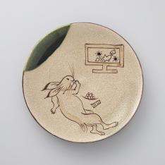 <赤津焼 弄月窯>梅村知弘 鳥獣戯画 織部取り皿リラックス兎
