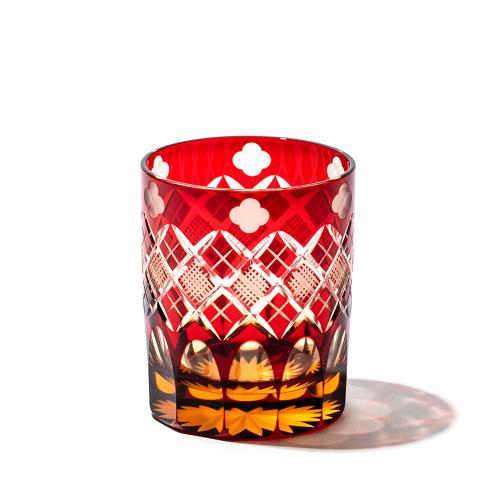 江戸切子 四ツ葉に矢来魚子紋 オールドグラス （琥珀赤）