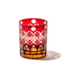 江戸切子 四ツ葉に矢来魚子紋 オールドグラス （琥珀赤）