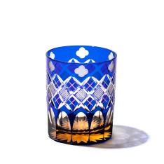 江戸切子 四ツ葉に矢来魚子紋 オールドグラス （琥珀ルリ）