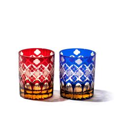 江戸切子 四ツ葉に矢来魚子紋 オールドグラスペア （琥珀赤・琥珀ルリ）