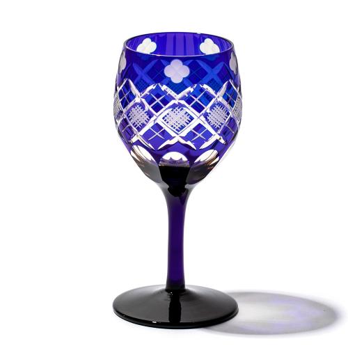 江戸切子 四ツ葉に矢来魚子紋 ワイングラス （琥珀ルリ）