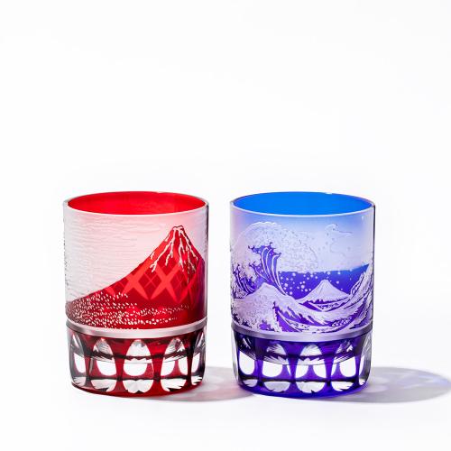 江戸切子 赤富士・波富士に矢来紋 オールドグラス ペア（赤・ルリ）