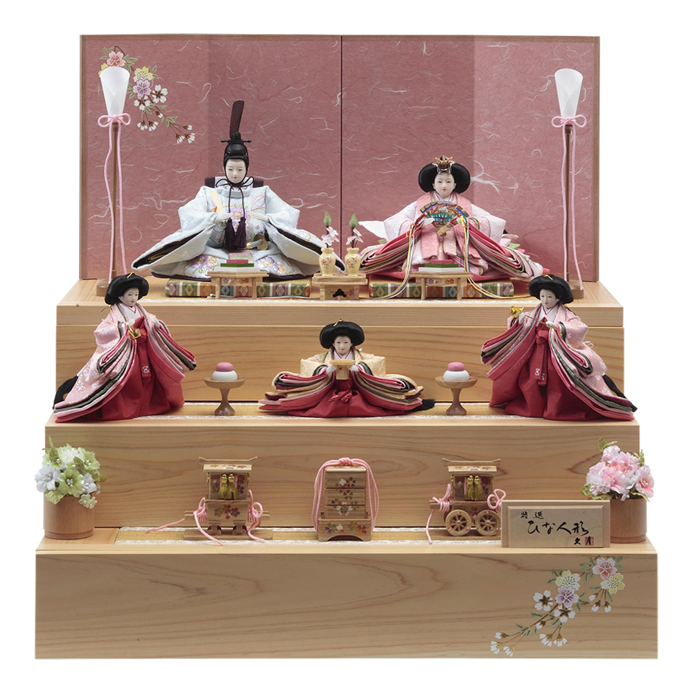 銘木収納三段五人飾 桧