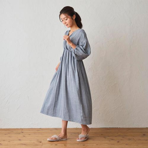 Newリナ ガーゼカシュクールパフスリーブワンピース（ネイビー）