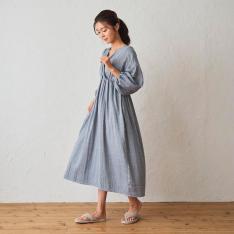 Newリナ ガーゼカシュクールパフスリーブワンピース（ネイビー）