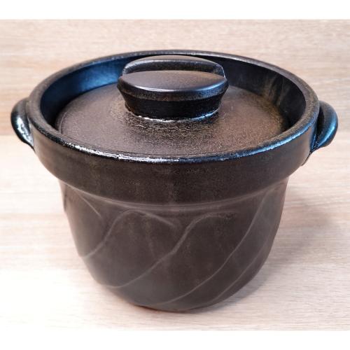 ＜四日市萬古焼＞ねじりごはん鍋　黒釉　2→5合炊