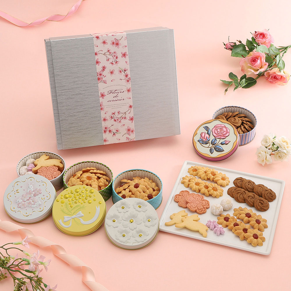 フラワー缶4セット（桜とうさぎ・ミモザクッキー・ルレクチェジャムクッキー・ローズクッキー缶）