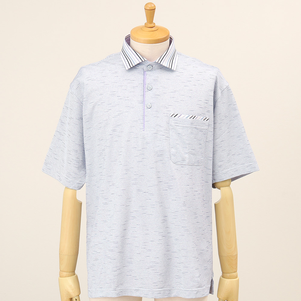 【父の日】ピンドットボーダー 衿布帛ポロシャツ S→2L