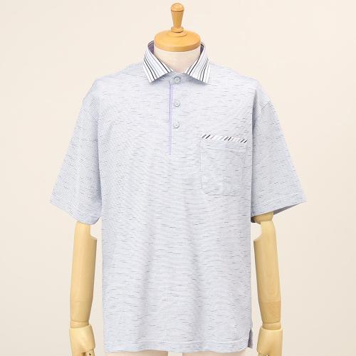 【父の日】ピンドットボーダー 衿布帛ポロシャツ S→2L