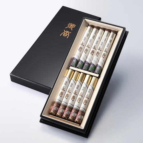 〈日本香堂〉永寿　二種香　沈香永寿・伽羅永寿　塗箱短寸10入