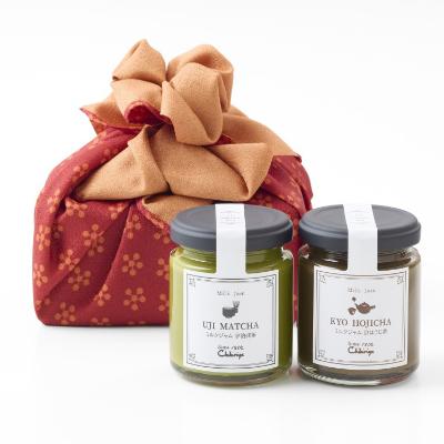 ミルクジャム宇治抹茶・京ほうじ茶セット　ふろしきパッケージギフト＜赤＞
