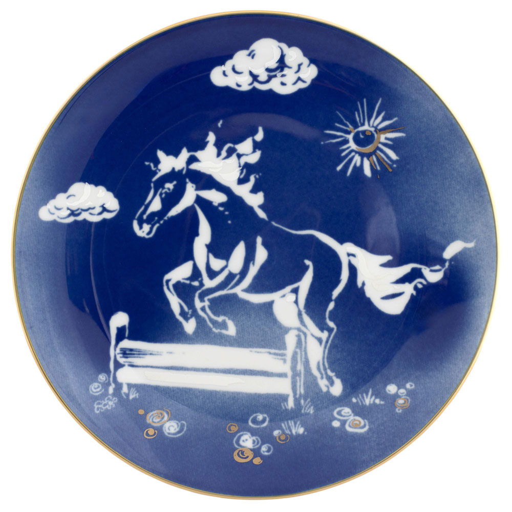 干支プレート 「草原の柵を飛び越える勇壮なウマ」