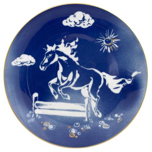 干支プレート 「草原の柵を飛び越える勇壮なウマ」