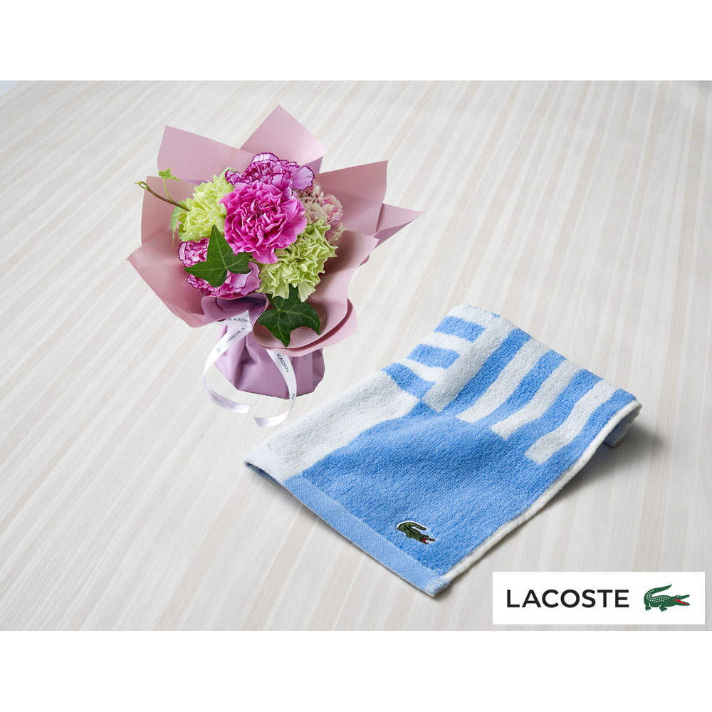 【父の日】生花 そのまま飾れる父の日ブーケ（パープル系）＆＜LACOSTE＞タオルハンカチ