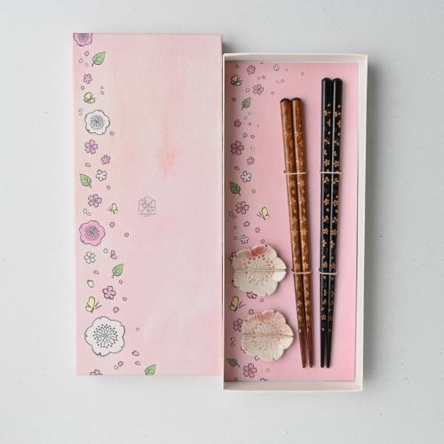 彫り桜づくしペア 清水焼箸置付