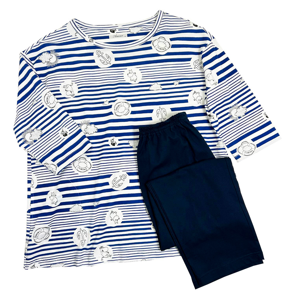 【母の日】天竺ボーダー柄プリント　ルームウェア（ネイビー）M→L