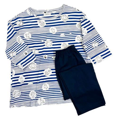 【母の日】天竺ボーダー柄プリント　ルームウェア（ネイビー）M→L