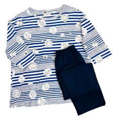 【母の日】天竺ボーダー柄プリント　ルームウェア（ネイビー）M→L