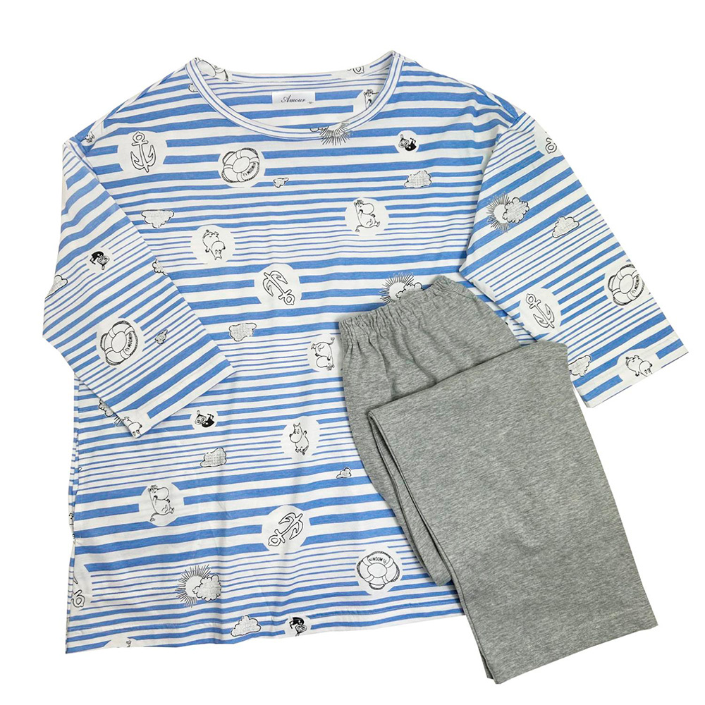 【母の日】天竺ボーダー柄プリント　ルームウェア（サックスブルー）M→L