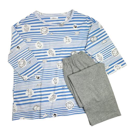 【母の日】天竺ボーダー柄プリント　ルームウェア（サックスブルー）M→L