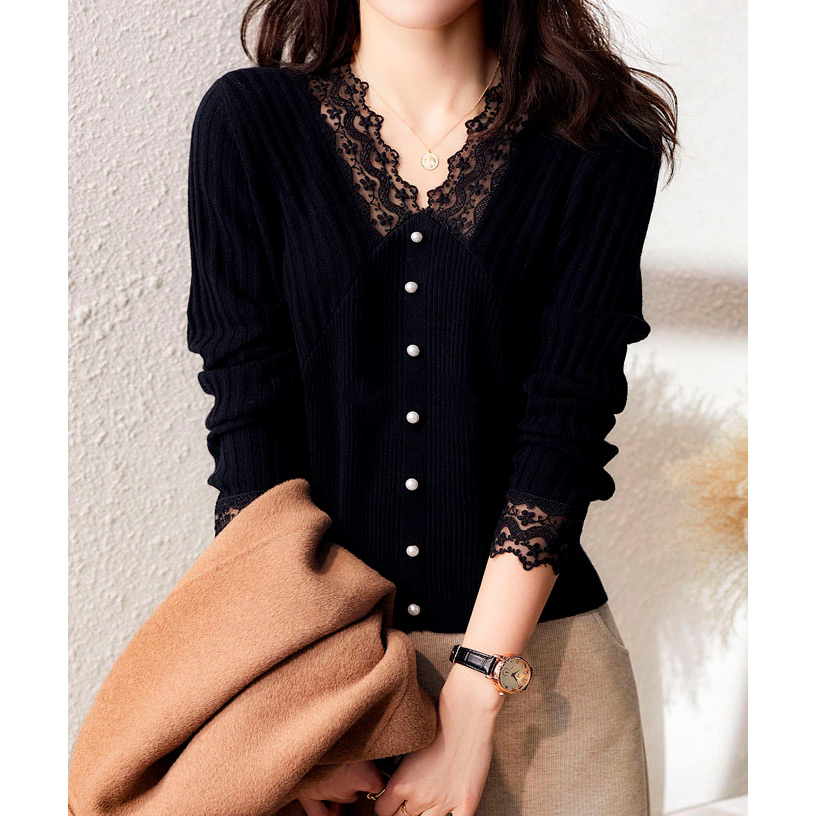 パールのレースリブニットトップス