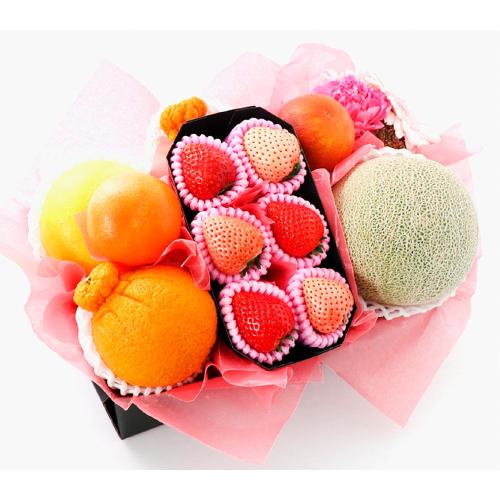 旬のフルーツとフラワーギフト＜メロン・デコポン・いちご＞