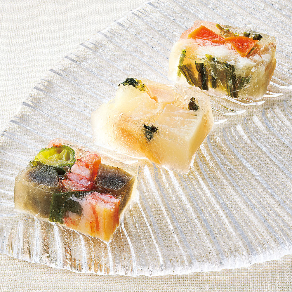 京野菜と魚介のアスピック風3種