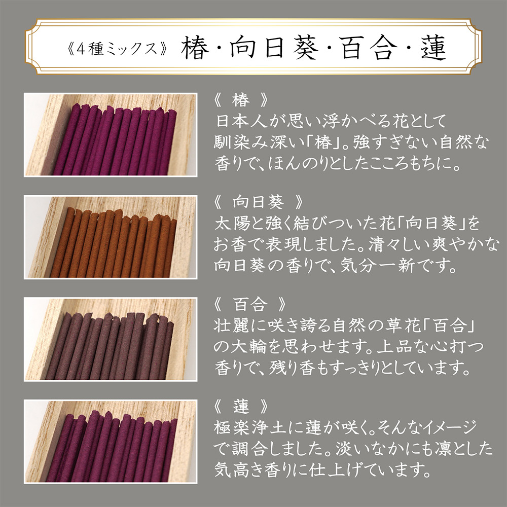眞山（真山） 4種ミックス（椿・向日葵・百合・蓮）4箱入 | 商品